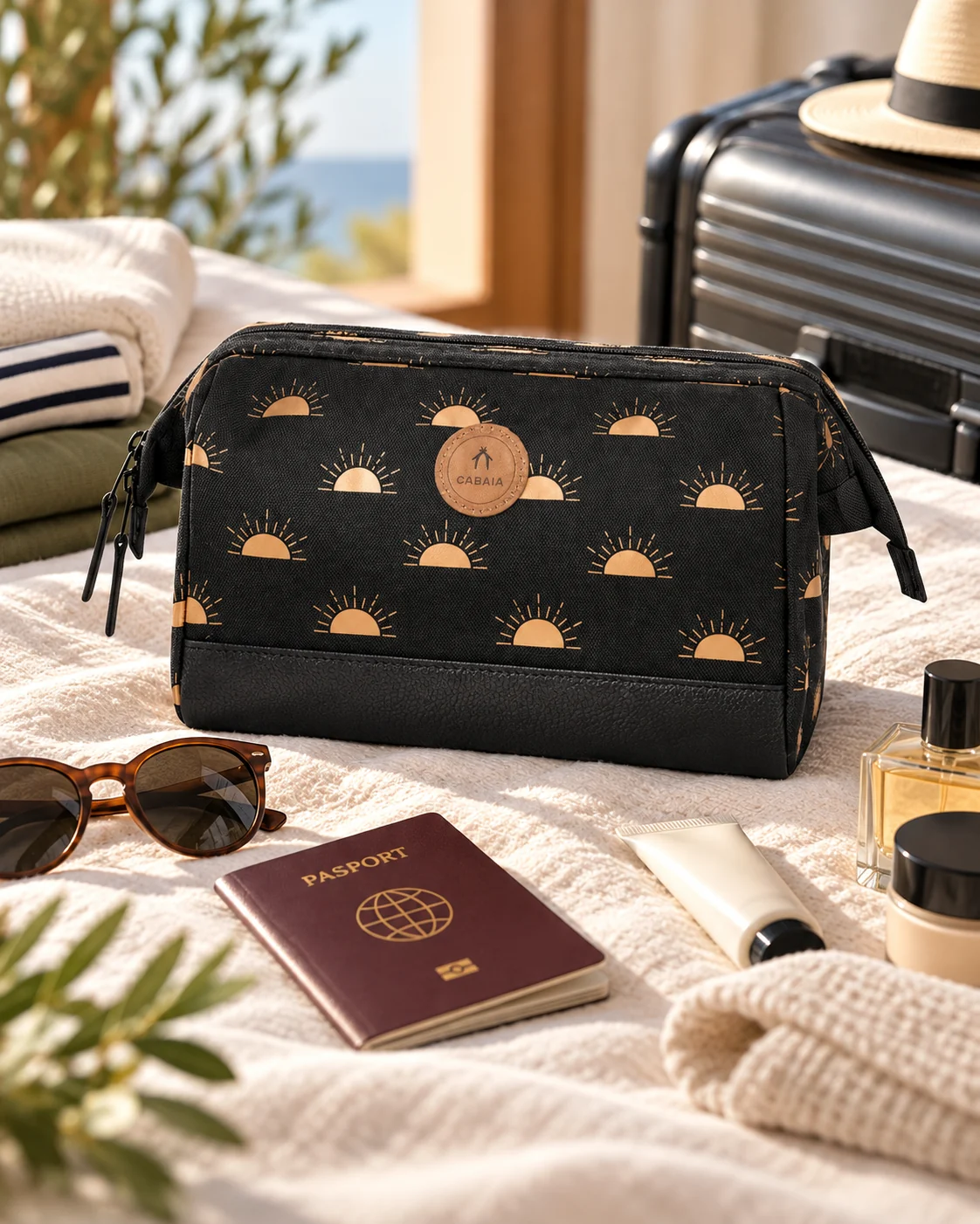 Mise en scène de la trousse noire CABAIA Avenue de la Mer à motifs soleil, posée avec des accessoires de voyage
