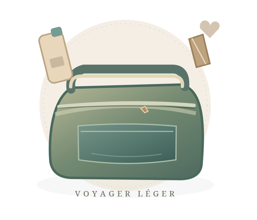 Illustration éditoriale d'une trousse de voyage avec accessoires, non contractuelle
